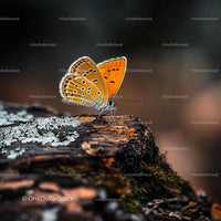 Orange Butterfly Resting on Mossy Tree Stump