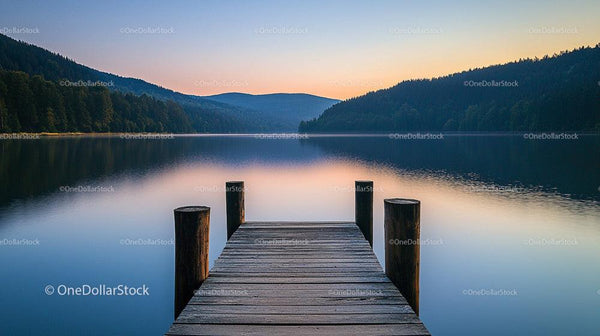Tranquil Lake with Wooden Pier at Sunset