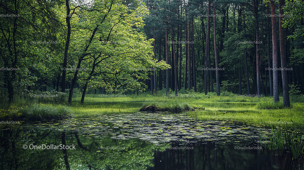 Reflective Forest Pond Amidst Verdant Pines