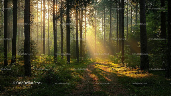 Sunlit Forest Path with Pine Trees and Morning Light