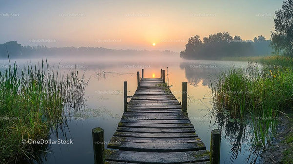 Serene Morning on a Misty Lake with Wooden Pier and Sunrise