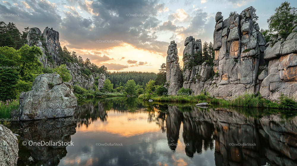 Majestic Rock Formations Reflected in Calm Waters at Sunset