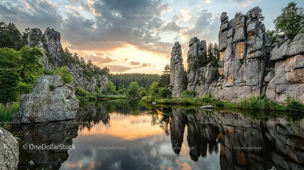 Majestic Rock Formations Reflected in Calm Waters at Sunset