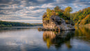 Rocky Island with Autumn Foliage on a Calm Lake