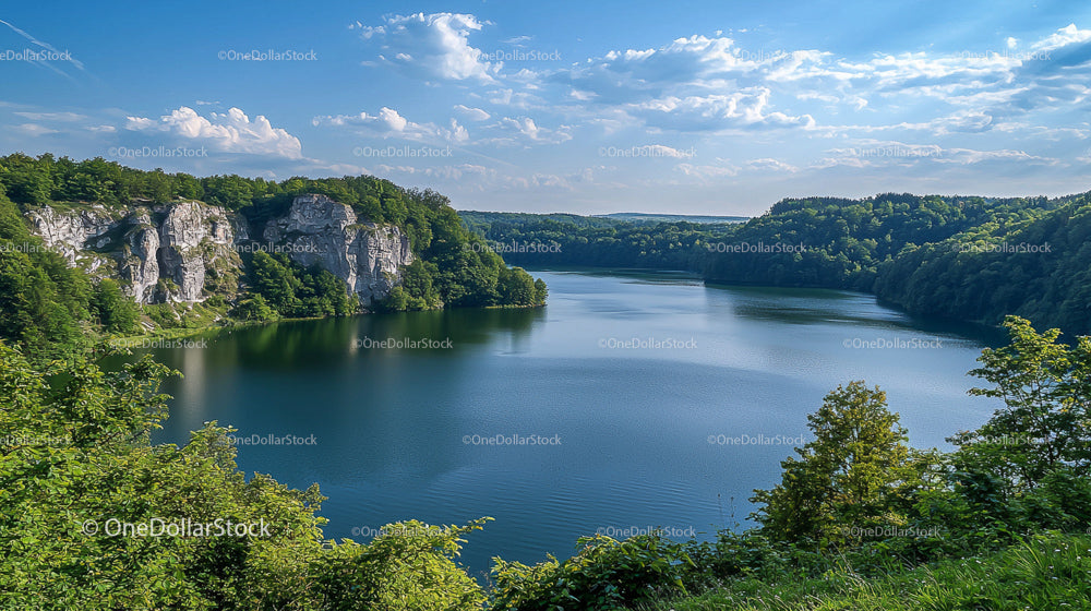 Scenic Lake with Rocky Cliffs and Lush Greenery on a Sunny Day