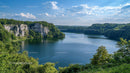 Scenic Lake with Rocky Cliffs and Lush Greenery on a Sunny Day