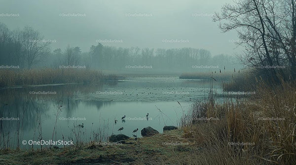 Misty Morning Over Serene Wetland with Bare Trees and Reeds