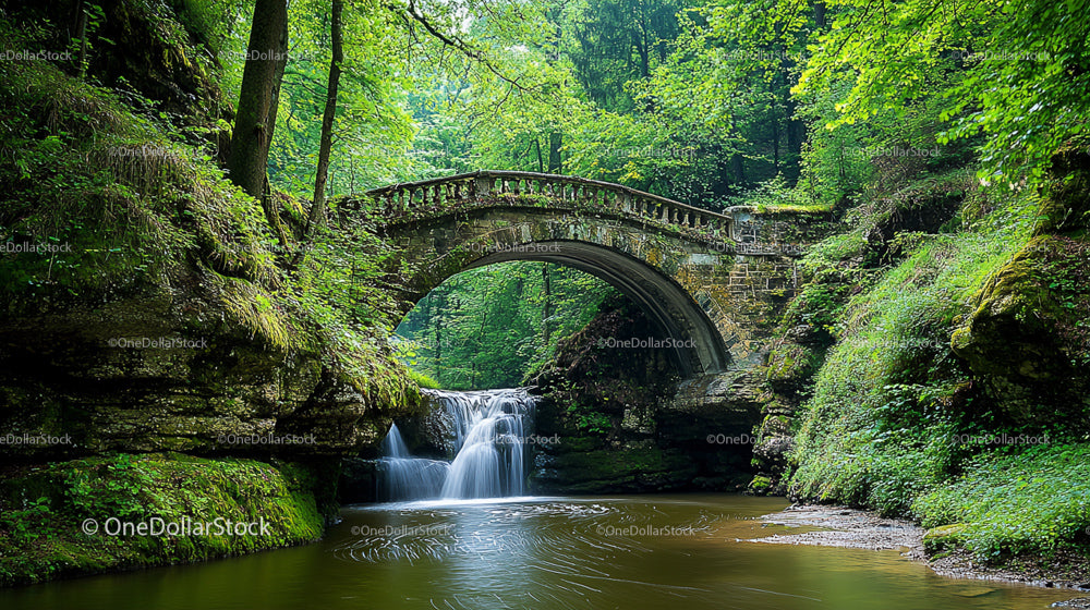 Stone Bridge Over Waterfall in Lush Green Forest