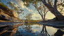 Peaceful River Scene with Towering Trees and Rocky Terrain
