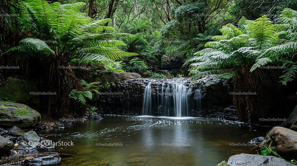 Serene Tropical Waterfall Surrounded by Lush Ferns