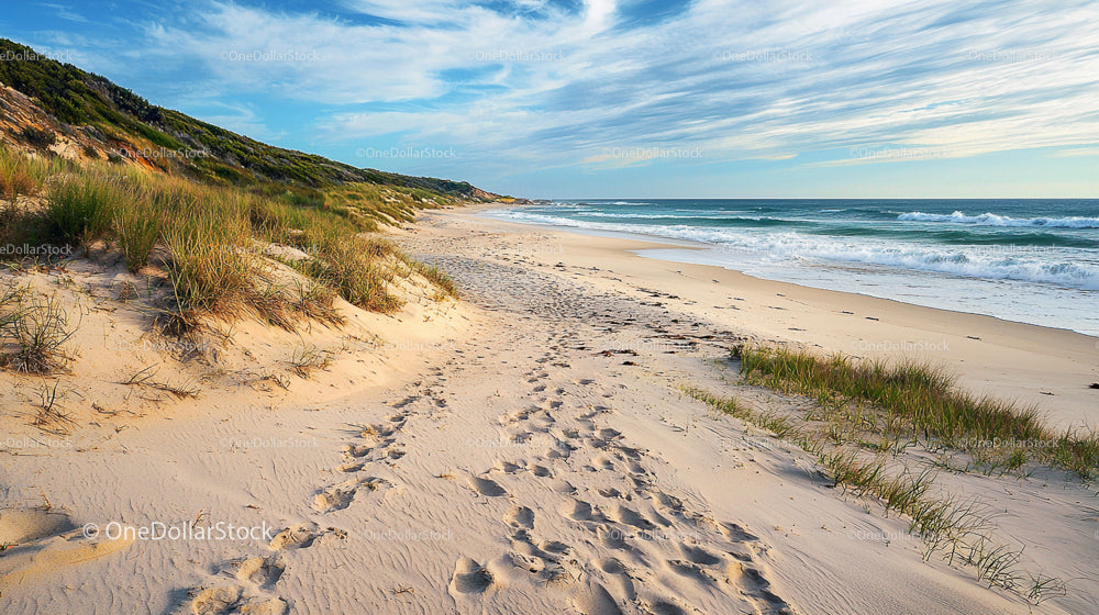 Picturesque Sandy Beach with Rolling Waves and Grassy Dunes