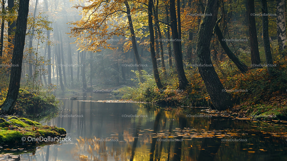 Mglisty jesienny las z spokojną rzeką i odbijającymi się wodami