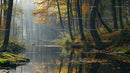 Misty Autumn Forest with Serene River and Reflective Waters