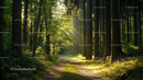 Sunlit Forest Path with Lush Greenery and Morning Light