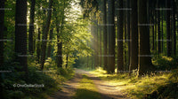 Sunlit Forest Path with Lush Greenery and Morning Light