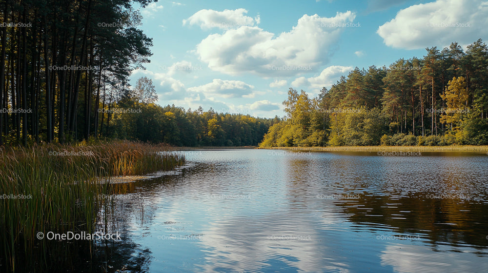 Tranquil Lake Surrounded by Lush Forest Under a Cloudy Sky