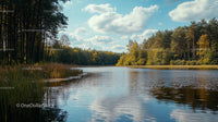 Tranquil Lake Surrounded by Lush Forest Under a Cloudy Sky
