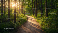 Peaceful Sunlit Pathway Through Verdant Forest