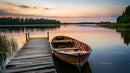 Wooden Boat at Serene Sunset on Calm Lake