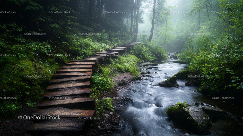 Misty Forest Trail with Wooden Pathway and Flowing Stream