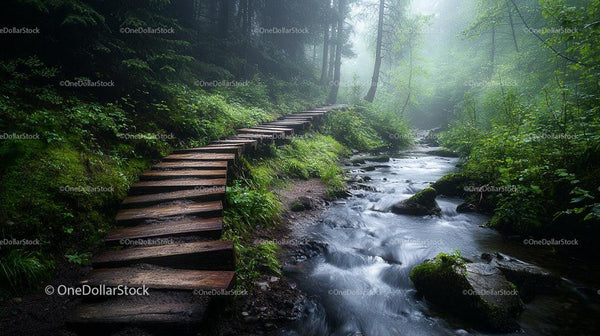 Misty Forest Trail with Wooden Pathway and Flowing Stream