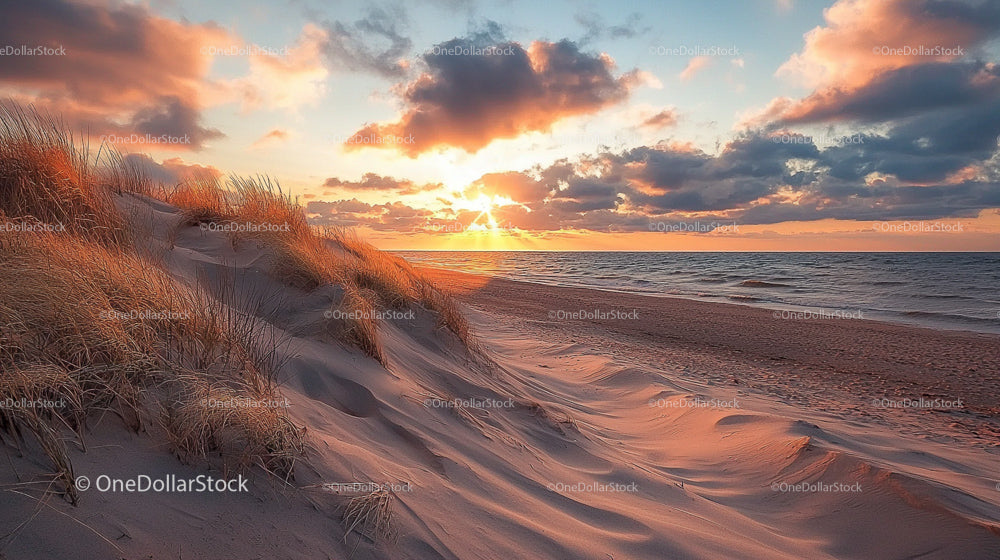 Beautiful Sunset Over Serene Ocean and Sand Dunes