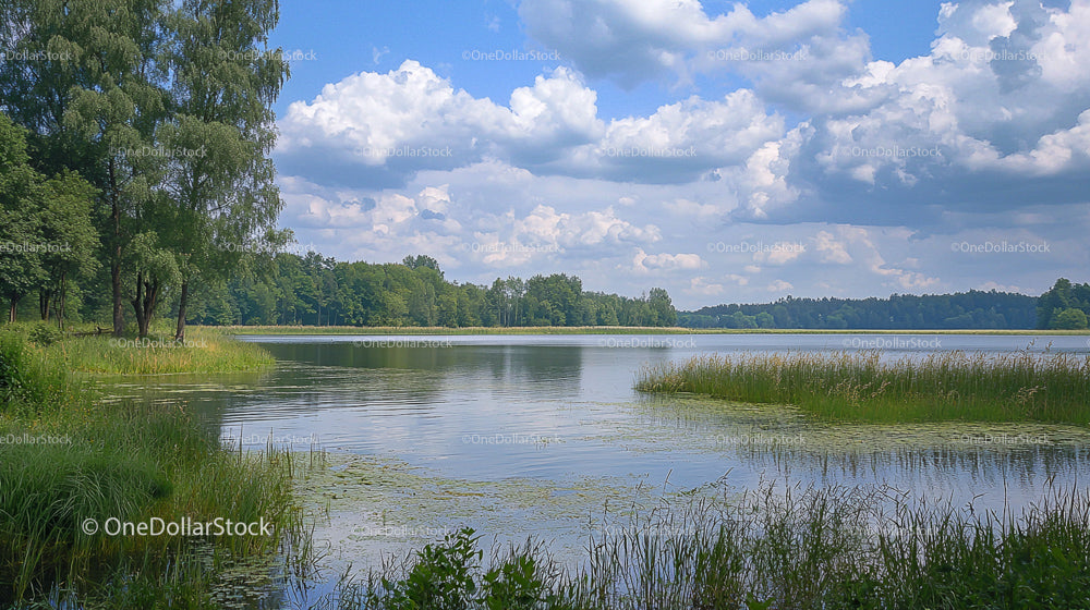 Calm Lake Surrounded by Lush Greenery Under a Cloudy Sky