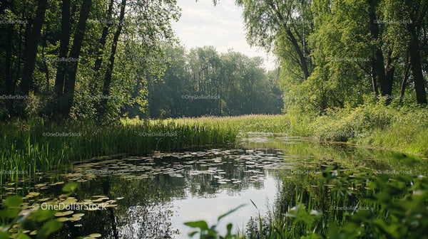 Spokojny Leśny Staw z Bujną Zieloną Roślinnością