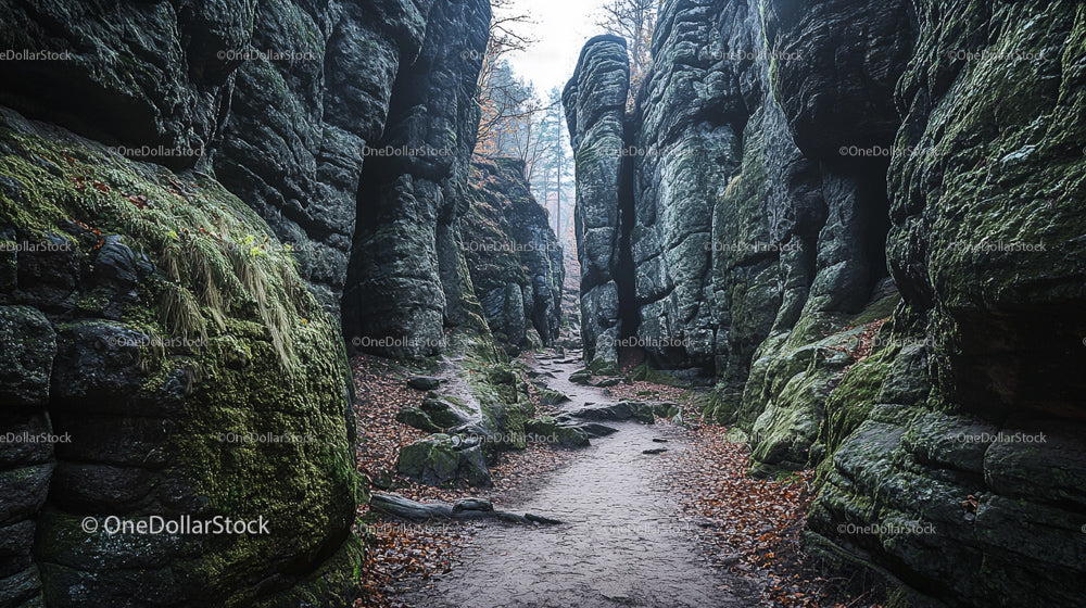 Moss-Covered Rocky Path through Majestic Natural Canyon