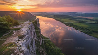 Dramatic Sunset Over River and Cliff Landscape
