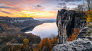 Stunning Sunset Over Lake with Autumn Foliage and Cliffs