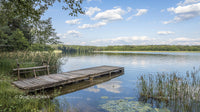 Peaceful Lake with Wooden Dock and Lush Greenery