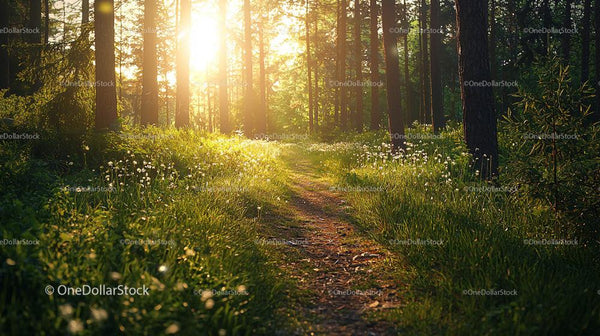 Sunlit Pathway Through a Tranquil Forest