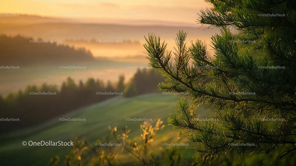 Serene Sunrise Over Misty Pine Forest and Rolling Hills