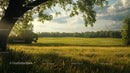 Sunny Meadow with Tree Silhouette and Blue Sky