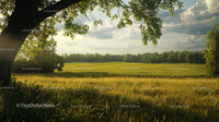 Sunny Meadow with Tree Silhouette and Blue Sky