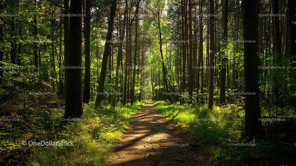 Sunlit Pathway Through a Serene Forest
