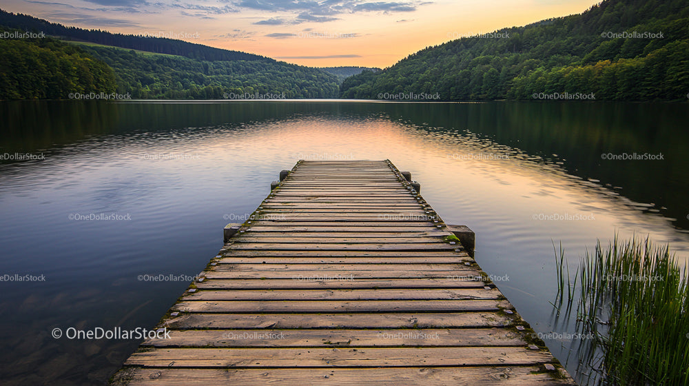 Tranquil Lake at Sunset with Wooden Pier and Forest View