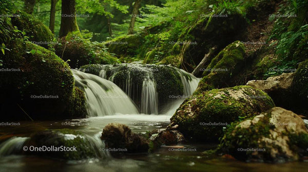 Tranquil Forest Stream with Moss-Covered Rocks