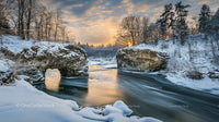 Winter Wonderland at Sunset over Snow-Covered River