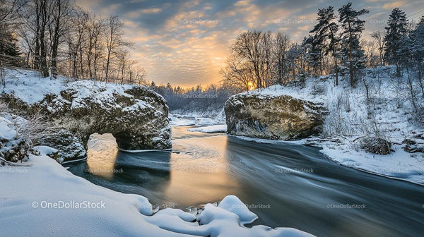 Winter Wonderland at Sunset over Snow-Covered River