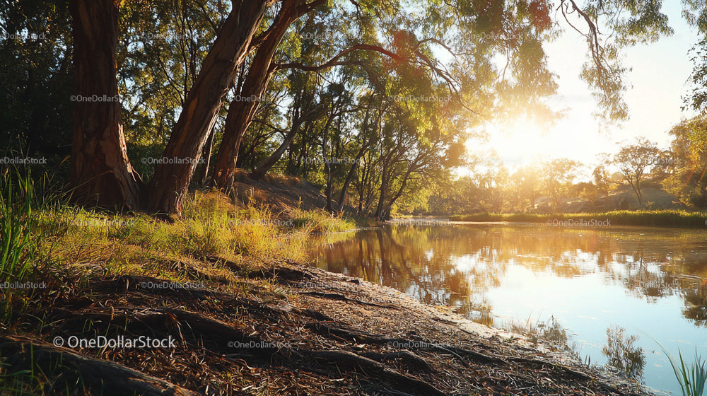Sunset Glow Over a Tranquil River with Lush Tree Reflections