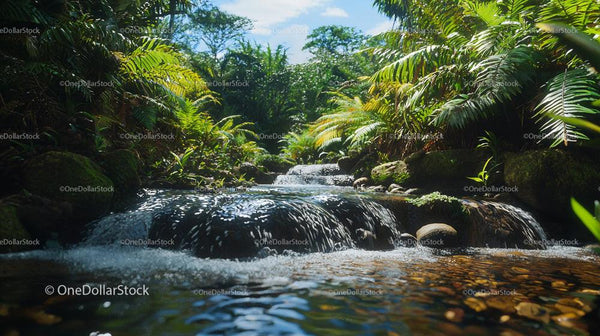 Serene Stream Flowing Through Lush Tropical Rainforest