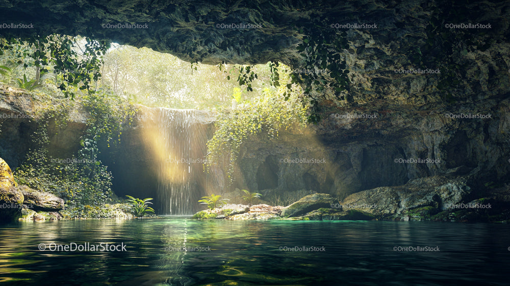 Sunlit Tropical Grotto with Hidden Waterfall and Lush Foliage
