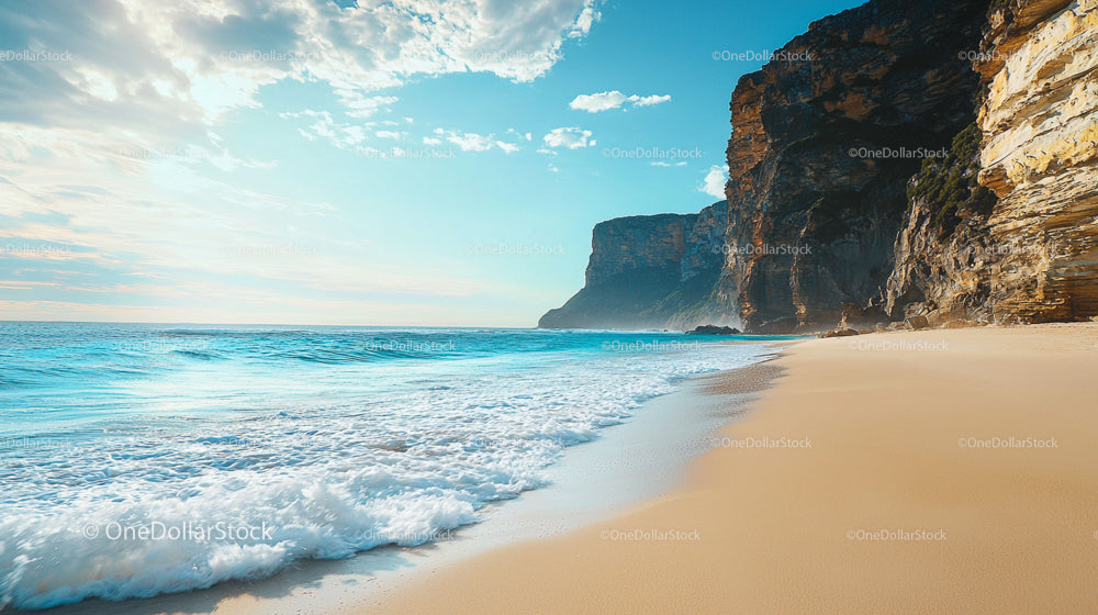 Serene Beach with Majestic Coastal Cliffs and Blue Ocean Waves