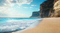 Serene Beach with Majestic Coastal Cliffs and Blue Ocean Waves
