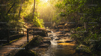 Sunlit Forest Path with Wooden Bridge and Tranquil Stream