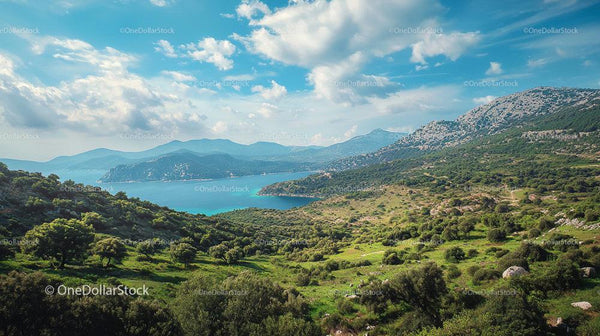 Lush Landscape with Mountains and Azure Sea
