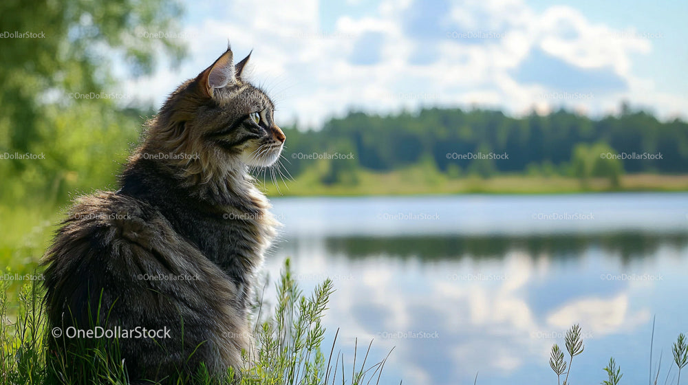 Tabby Cat Relaxing by a Serene Lakeside in Summer