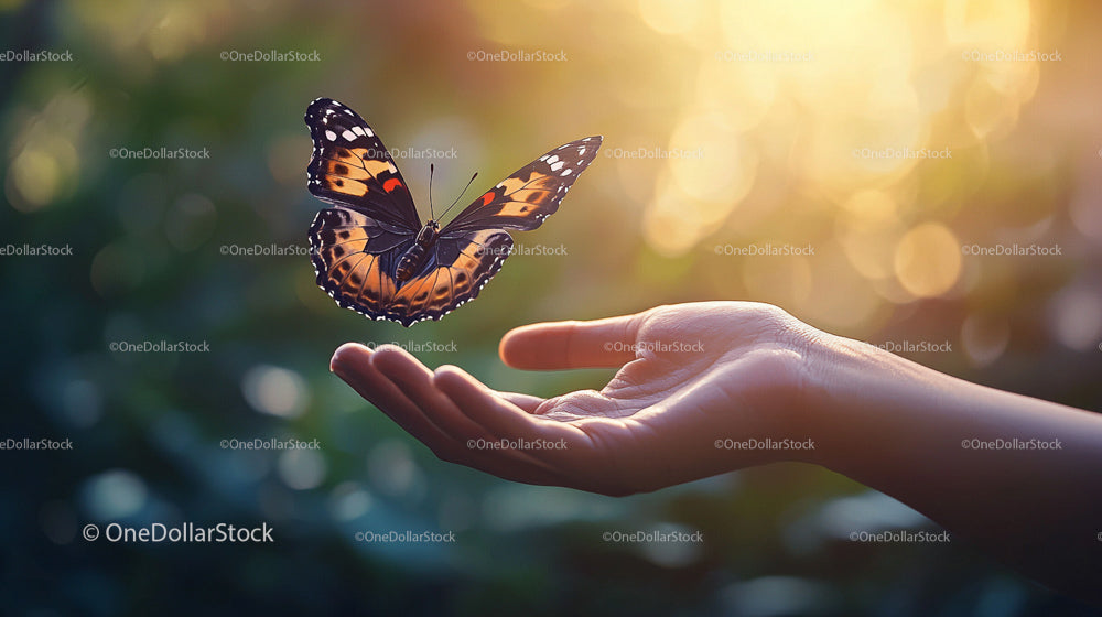 Butterfly Gracefully Landing on an Open Hand at Sunset